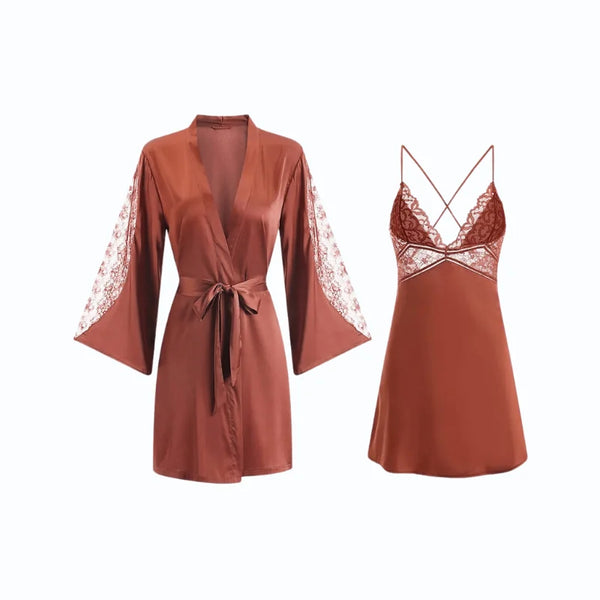 Ensemble Nuisette Peignoir Kimono Femme En Satin Nuances Intimes